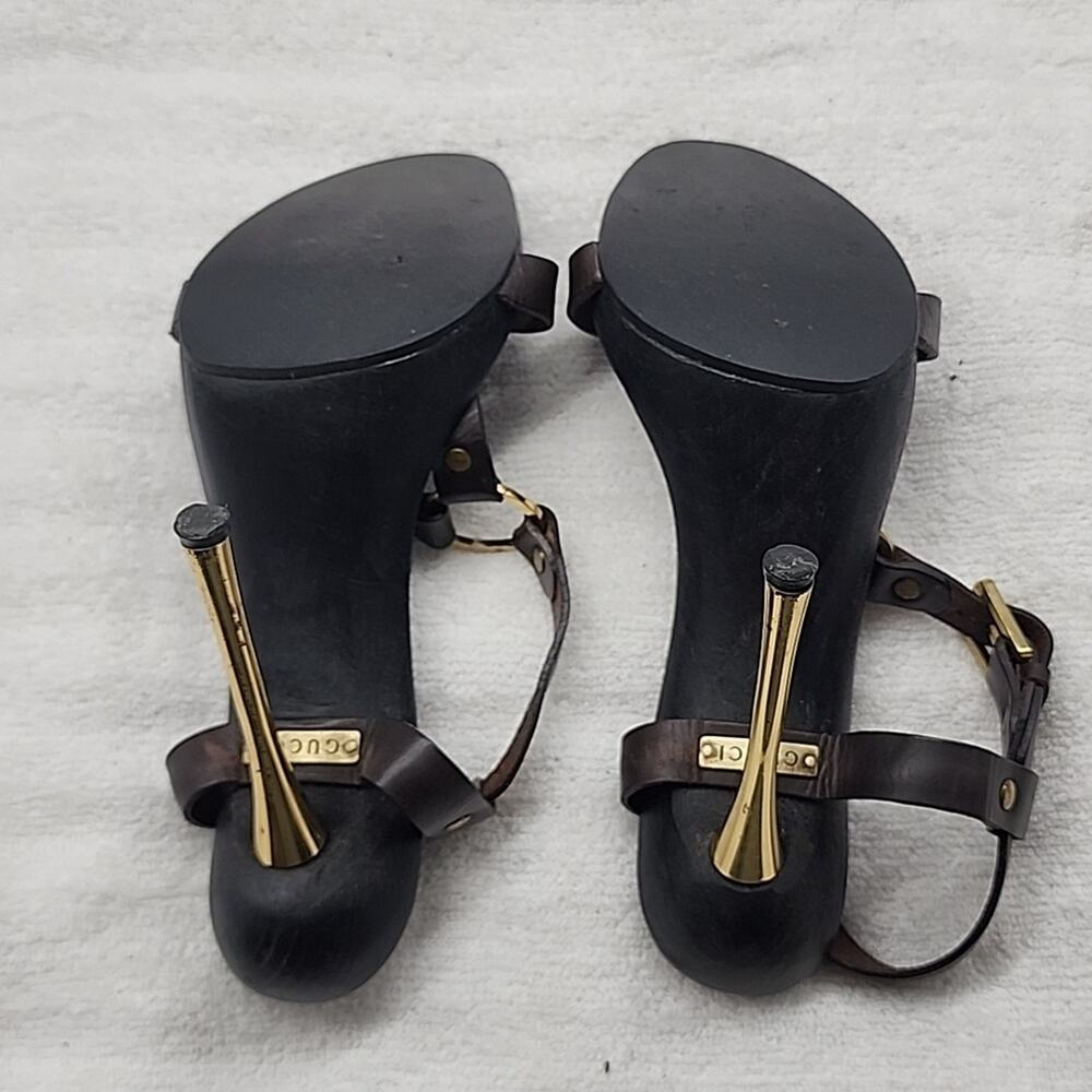 GUCCI KYLIE VINTAGE STILLETOS WOODEN PLATFORM LEATHER T-STRAP HEELS 7.5 GUC - Picture 15 of 16
